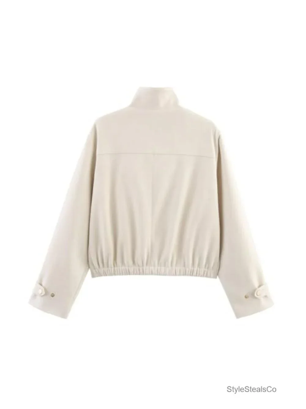 Faux Suede Cropped High Neck Utility Button Front Jacket Pockets